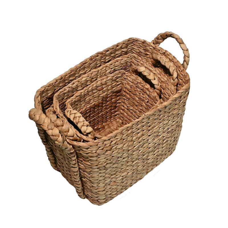 Handwoven Rectangle Storage Floor Baskets with Handles (Set of 3)