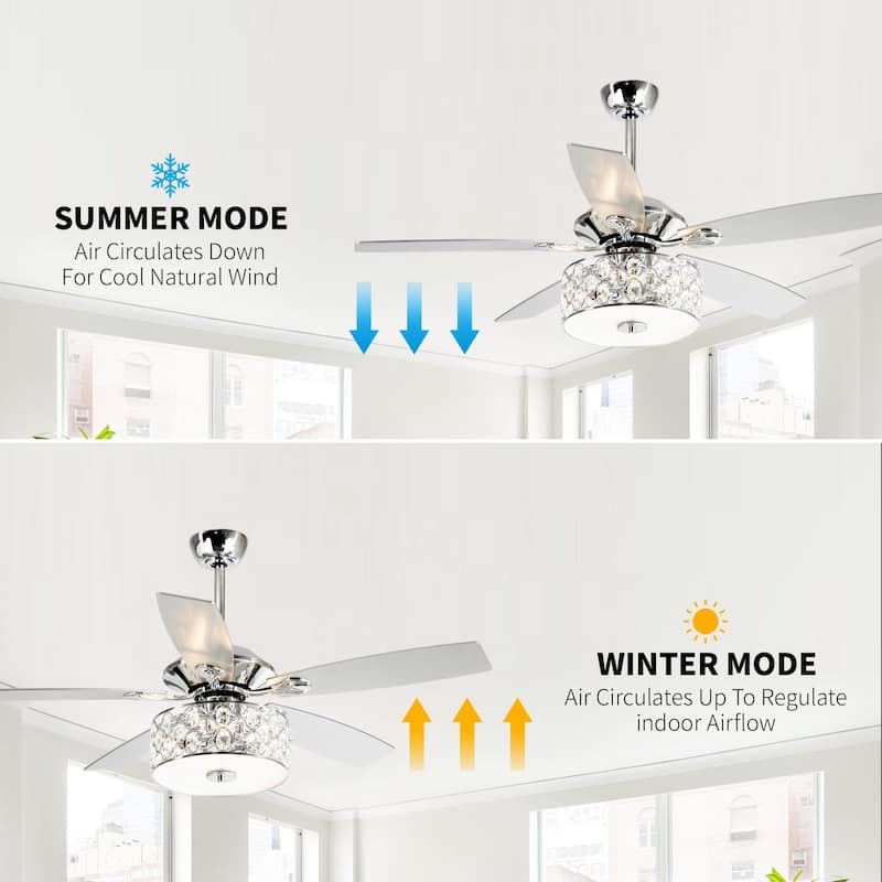 52" Indoor Chrome Crystal Chandelier Ceiling Fan with Light and Remote Control - 52 in. W X 52 in. D X 19.3 in. H