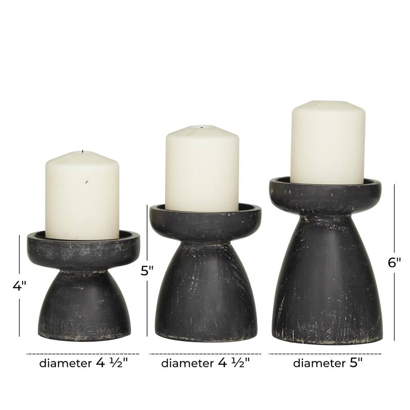 Black Wood Short Wide Distressed Decorative Candle Holder (Set of 3)