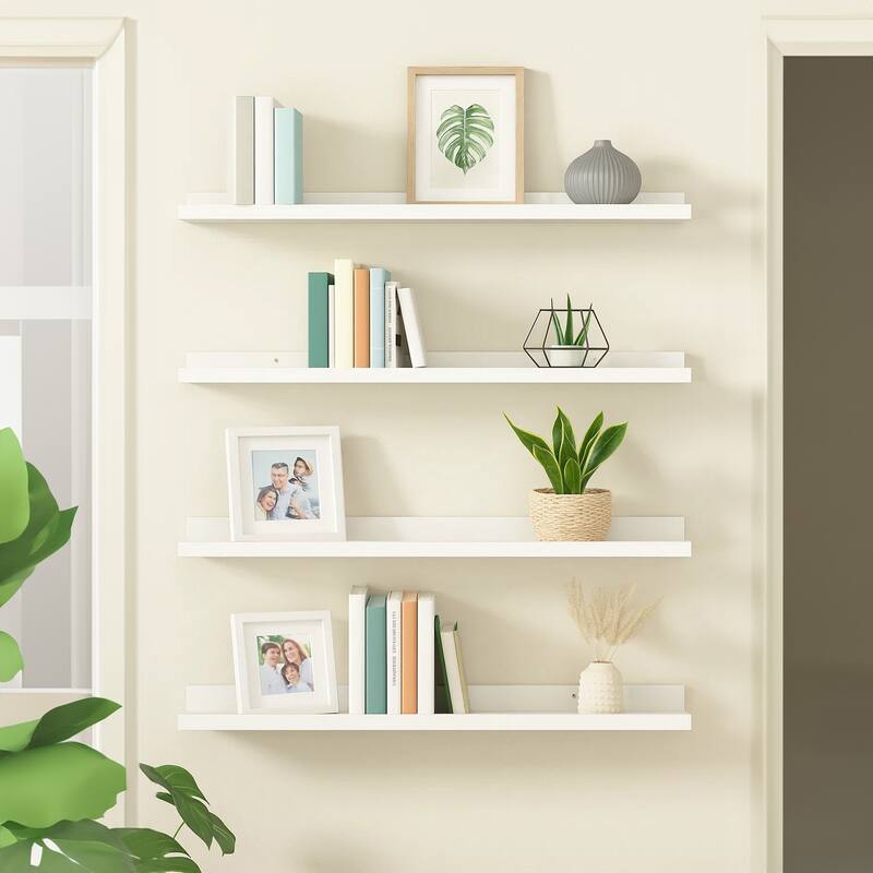 Yuli Wall Shelf Set of 4, Contemporary White, Raised Ledge Design 32 Inch