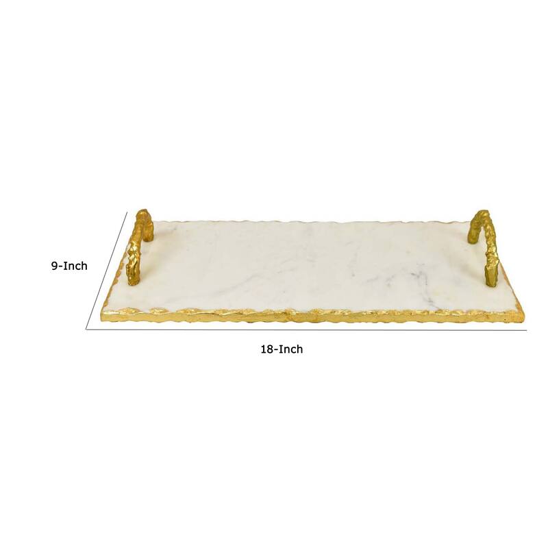 Pammy Decorative Tray, Gold Arched Handles, White Marble 18 Inch