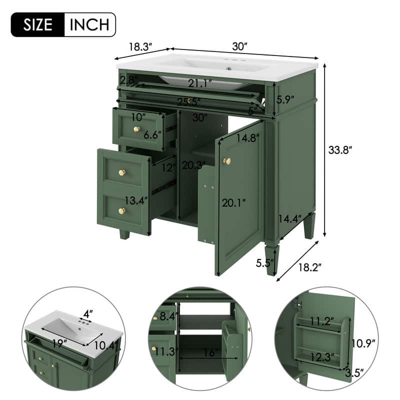 30" Modern Bathroom Vanity with Top-Mounted Sink, Featuring Two Drawers, A Tip-Out Drawer, And A Sleek Single-Sink Design .