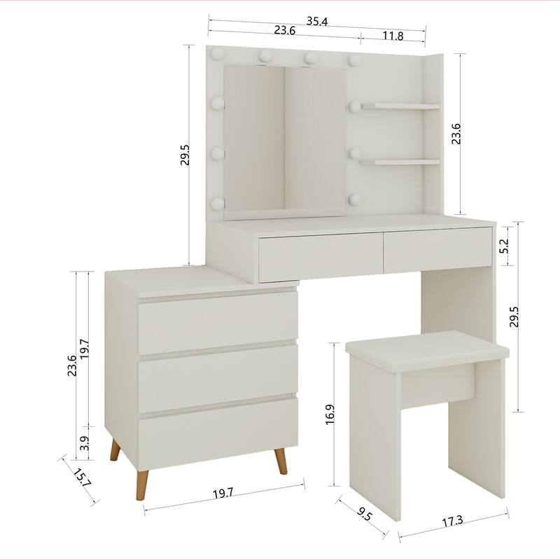 LED Light Makeup Vanity Table w/ Mirror,Drawers,Stool and Compartments