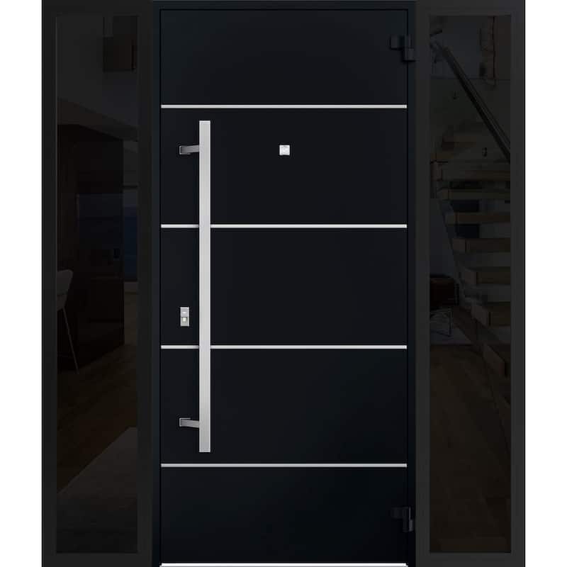 Front Prehung Steel Door 6083 Black Enamel Top Window Sidelite Stainless Inserts W36xH80+16 Lh I Bedroom Door Bathroom Door