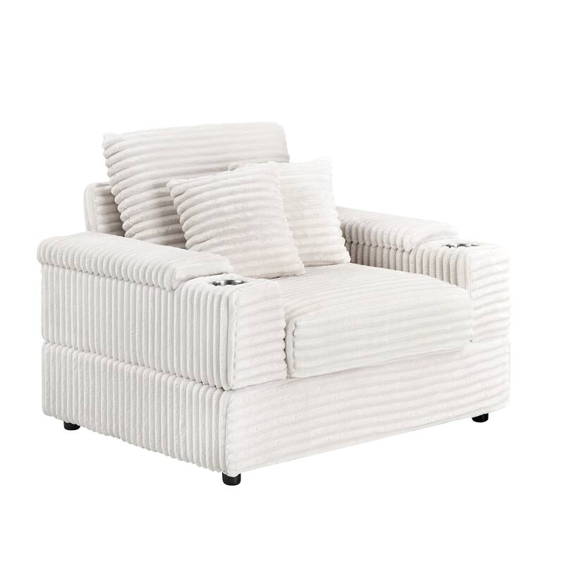 White Corduroy Single Sofa with Pillows and Ottoman