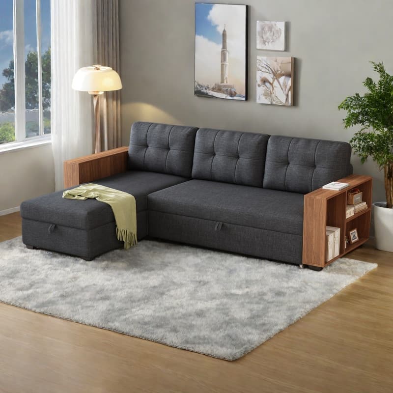 84" Linen Upholstered Sectional Sofa with Wooden Handrails, Pull-Out Bed and Storage Chaise