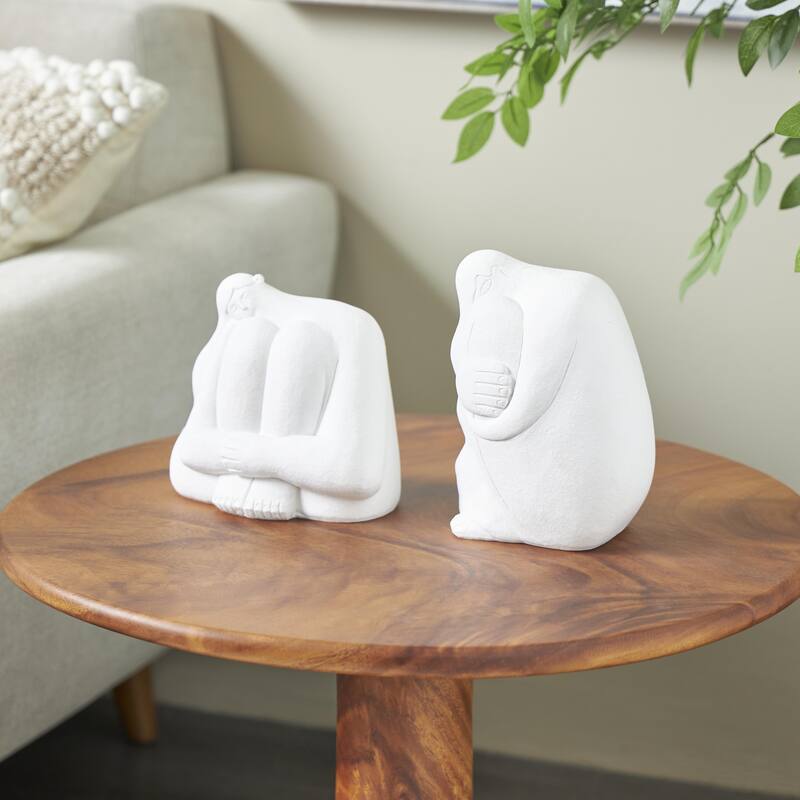 White Resin Abstract People Decorative Sculpture with Tucked Sitting Position (Set of 2) - White