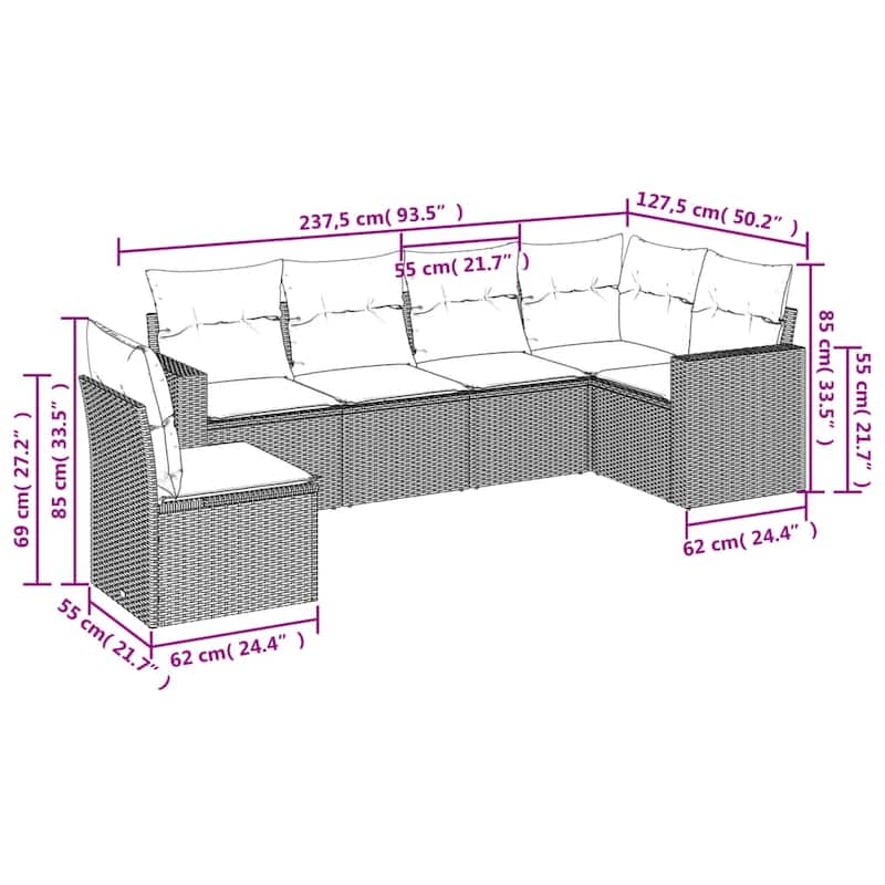 vidaXL 6/7 Piece Patio Sofa Set with Cushions Black Poly Rattan - 24.4" x 24.4" x 27.2"