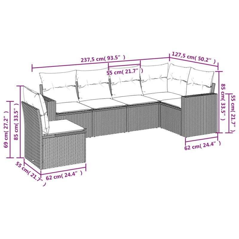 vidaXL Patio Sofa Set with Cushions Outdoor Conversation Furniture Poly Rattan - 25.8" x 24.4" x 27.2"