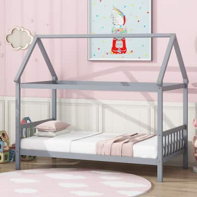 Twin Size Platform Bed with House-Shaped Design, Spacious Underbed Storage, Quality Rubber Wood Frame