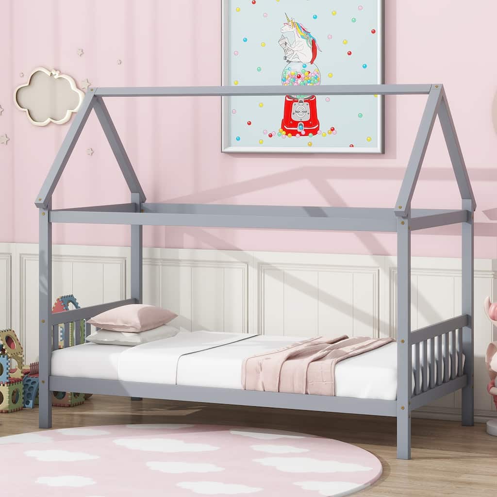 Twin Size Solid Wood House Frame Platform Bed, with Headboard and Footboard, with Underbed Storage Space, Minimalist Kids Bed