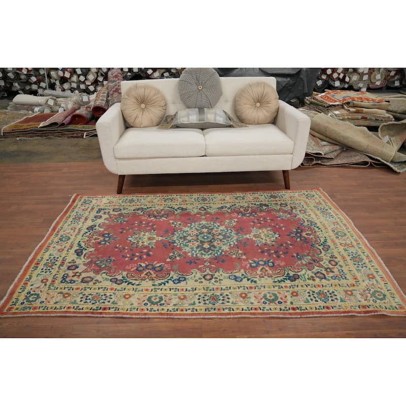 Hand Knotted Oriental 100% Wool Carpet Traditional Floral Pink Tabriz Area Rug - 6' 11'' X 4' 3''