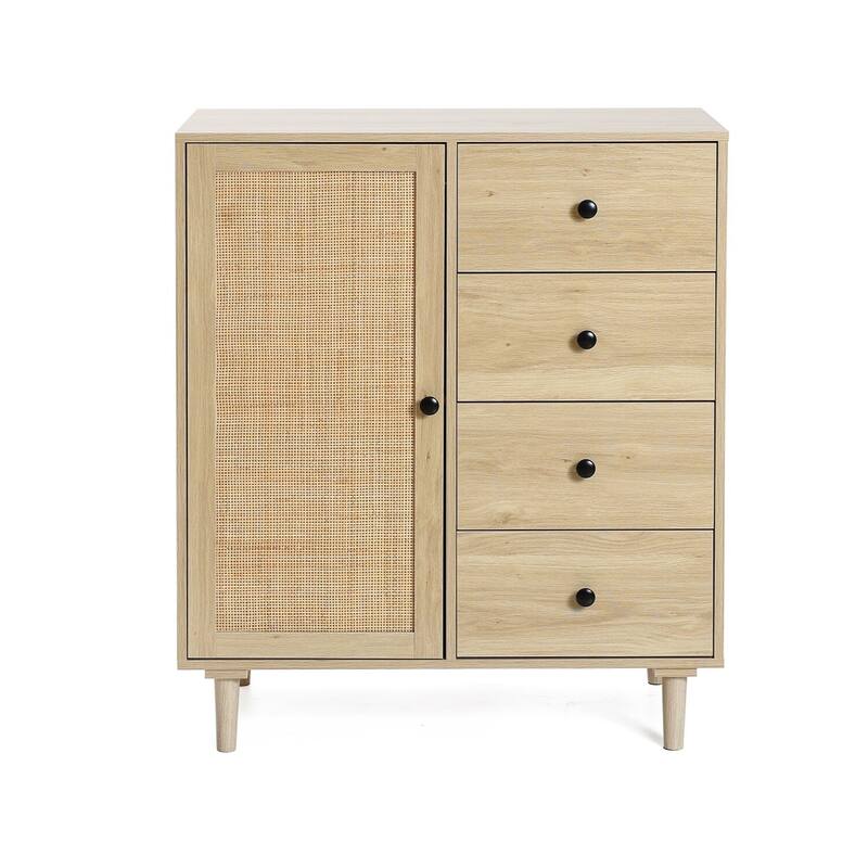 Storage Cabinet 1-Door 4-Drawer Wood Cabinet - Oak Finish Accent Cabinet Organizer