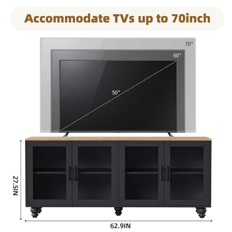 Black + Dark Walnut Farmhouse TV Entertainment Center with Bookshelves & Tempered Glass Doors for TVs Up to 70"
