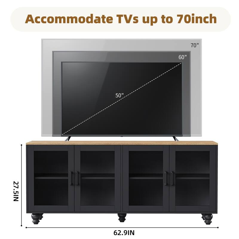 Stylish Farmhouse Buffet Cabinet with Tempered Glass Doors, Accommodates TVs Up to 70", Perfect for Any Room