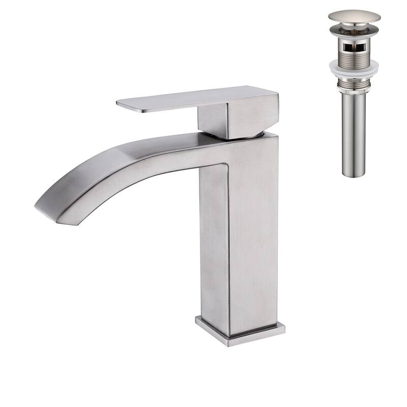 Waterfall Spout Bathroom Sink Single Handle Faucet with Pop-Up Drain (with Overflow) - Brushed Nickel