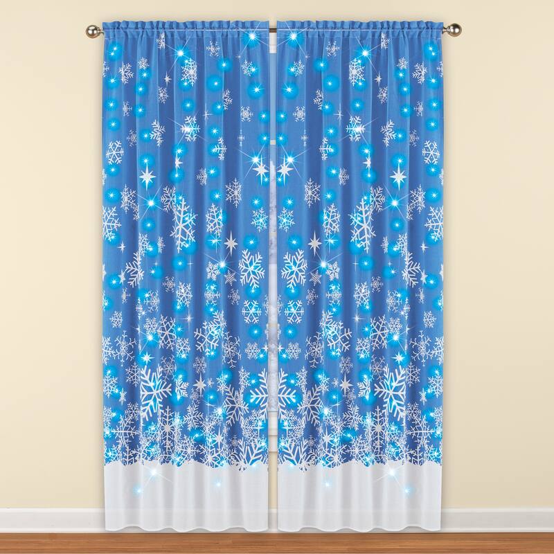 LED Lighted Snowflake Sheer 2-Piece Curtain Drapes - 15.250 x 14.100 x 1.250 - Blue