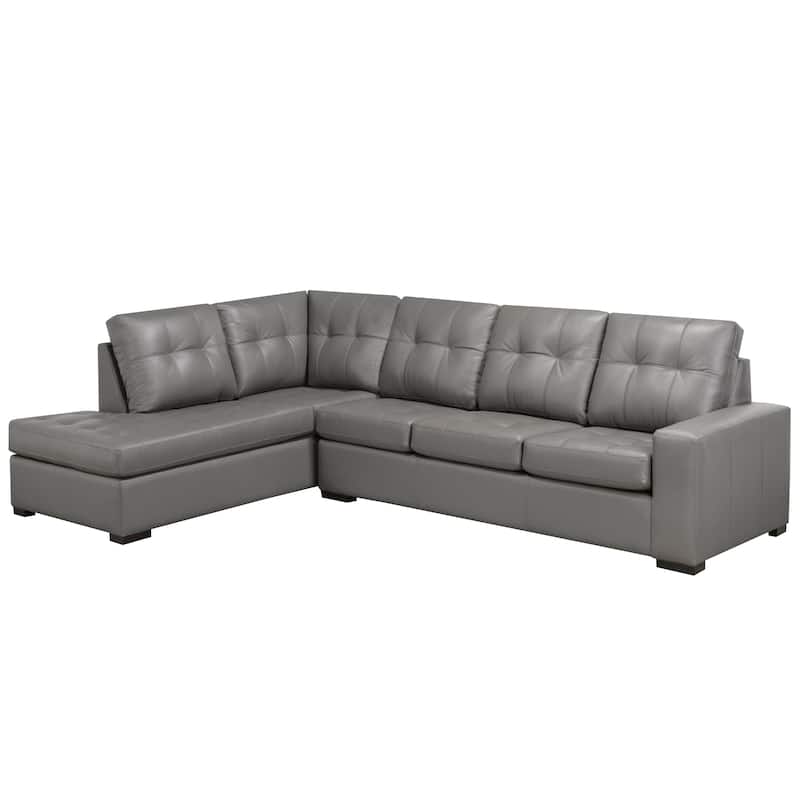 Liam Top Grain Leather Tufted Sectional Chaise Sofa - Light Grey - Left Facing