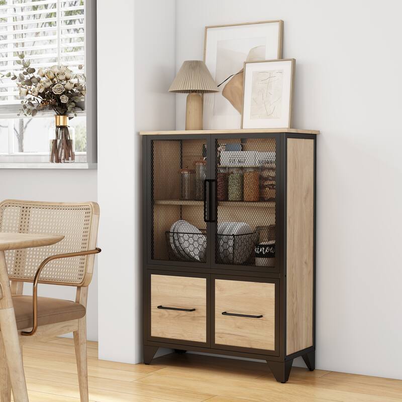 Storage Cabinet With 4 Iron Doors,Black Metal Handle,Sideboard With Adjustable Shelf,Black Sturdy Metal Frame and Metal Legs - Black+Natural