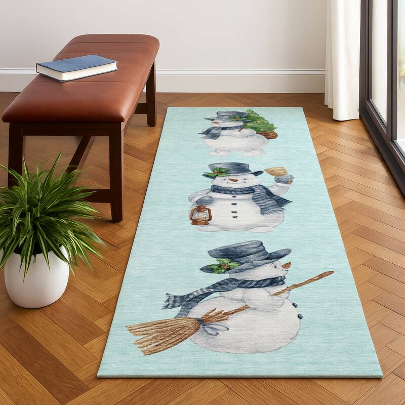 Premium Washable Super Soft Winter Holiday Snowman Mayfield Rug - Sky - 2'3" x 7'6"