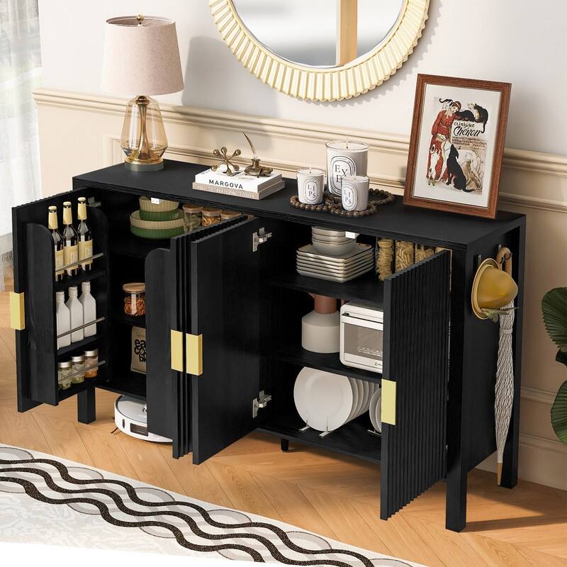 Modern 57.5" Fluted Door 4-Door Sideboard with Side Hooks and Adjustable Shelves