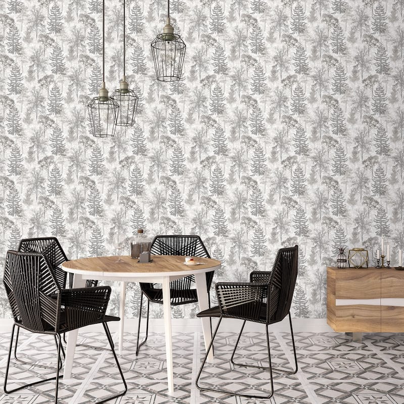Galerie Wallcoverings Evergreen Forest Trees Design Vinyl on Non-woven Matte Wallpaper Roll - 33 feet long x 21 inches wide