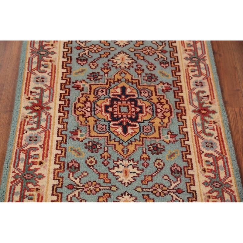 Light Blue Heriz Serapi Indian Runner Rug Hand-Knotted Wool Carpet - 2'5"x 8'0"