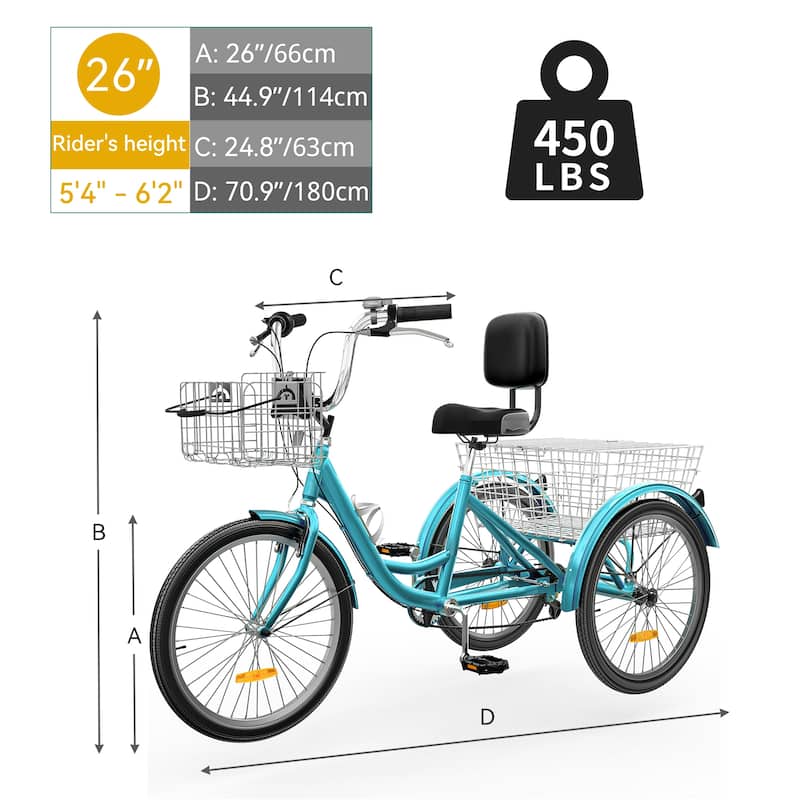 24"/26" Mint Green Adult Tricycle 7 Speed Trike Bike with Shimano Shifting with Removable Baskets