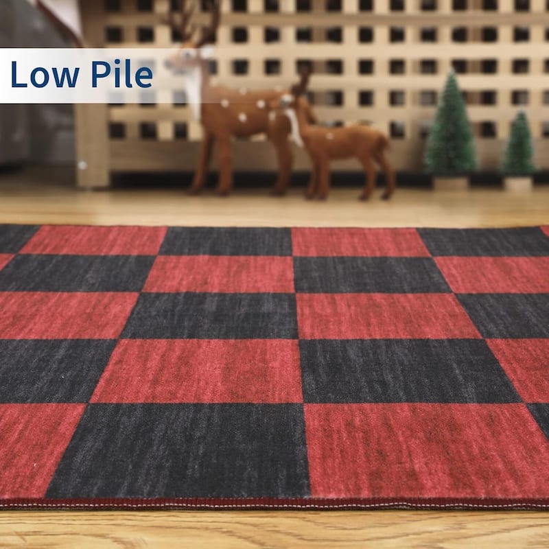 Grid Pattern Washable Christmas Area Rug Indoor Floor Cover for Xmas Holiday Decoration, Red+Black