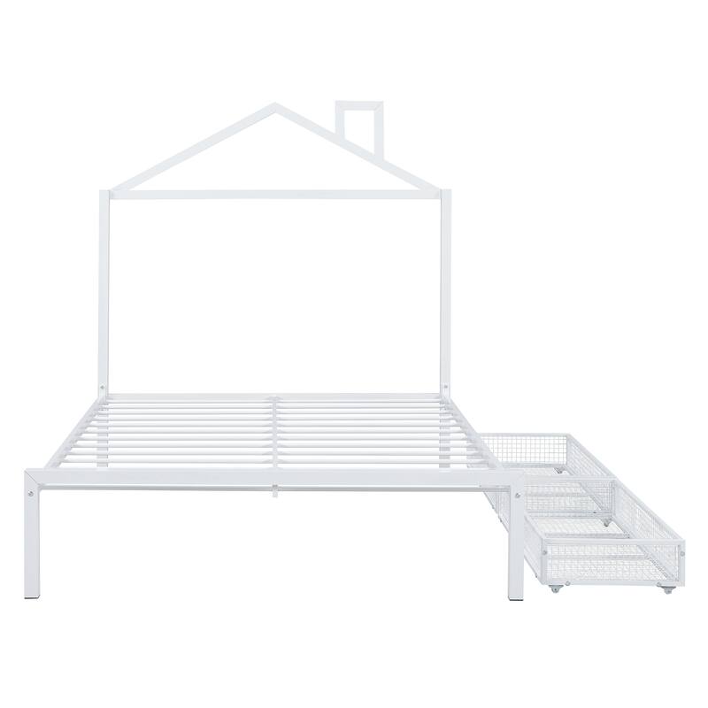 Twin Size Metal Platform Bed with House Design and 2 Storage Drawers