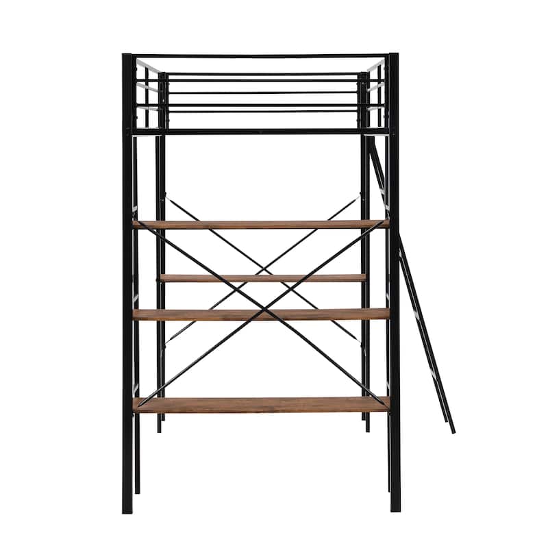 Black Twin Size Metal Loft Bed with Shelves and Desk for Kids, Boys and girls, Bedroom