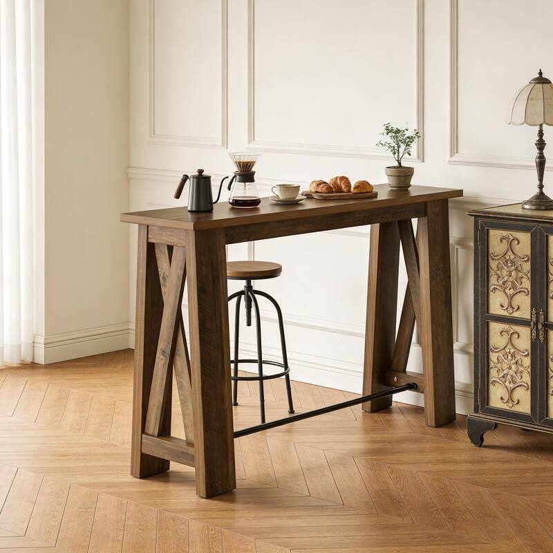 Console Table with Metal Footrest, 63" Counter Height Entryway Table, Narrow Kitchen Dining Table