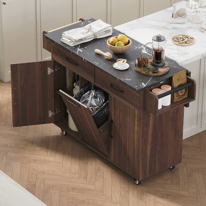 Kitchen Island with Trash Can Storage Cabinet, Kitchen Cart with Drop Leaf, Spice Rack