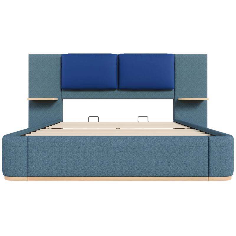 Queen Upholstered Platform Bed with Storage, Soft Rounded Corners, No Box Spring Needed, Easy Assembly, Blue