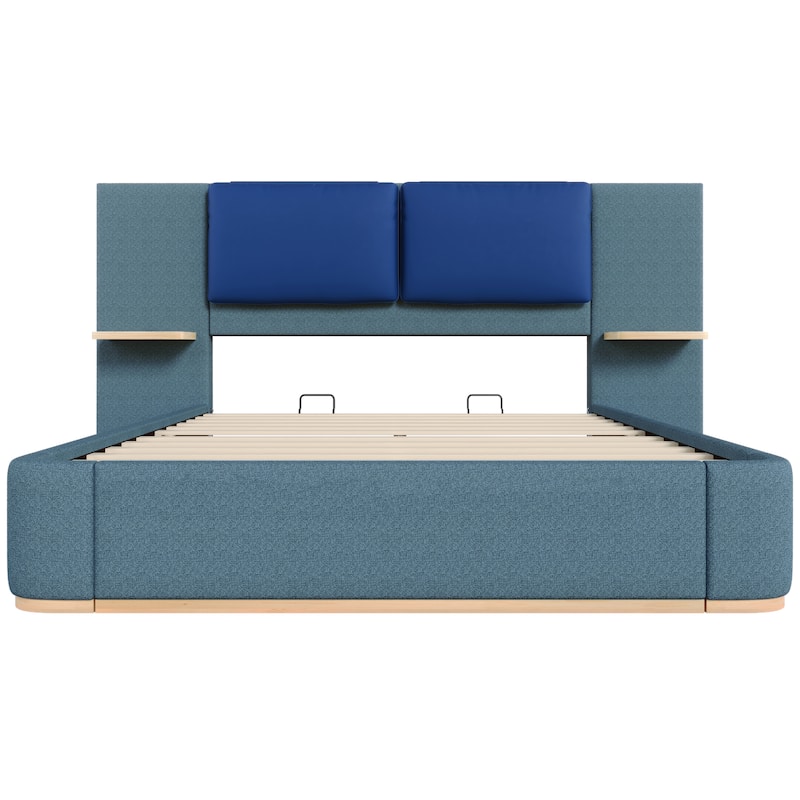 Roomfitters Queen Size Upholstered Platform Bed Frame, Modern Panel Headboard with Rounded Corners, Solid Wood Slats
