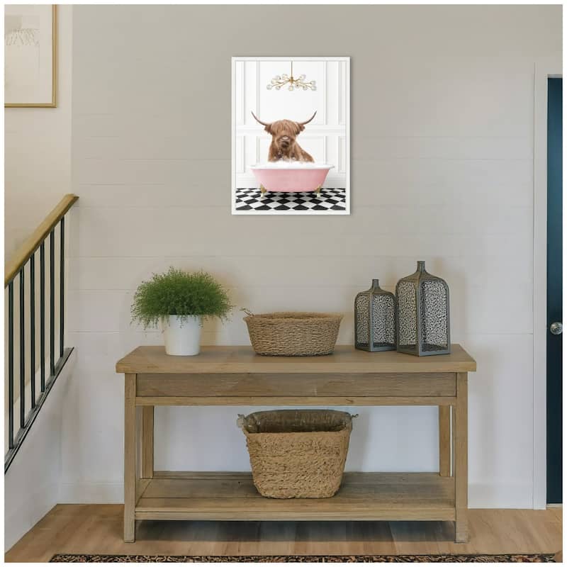 Kate and Laurel Sylvie Highland Cow in Pink Bathtub on Checker Floor Framed Canvas by Amy Peterson