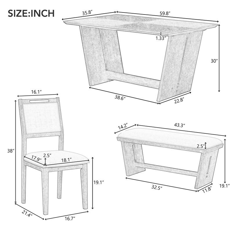 6-Piece Retro Dining Set with Rectangular Table, Trapezoidal Base, 4 Upholstered Chairs, and 1 Bench for Dining Room