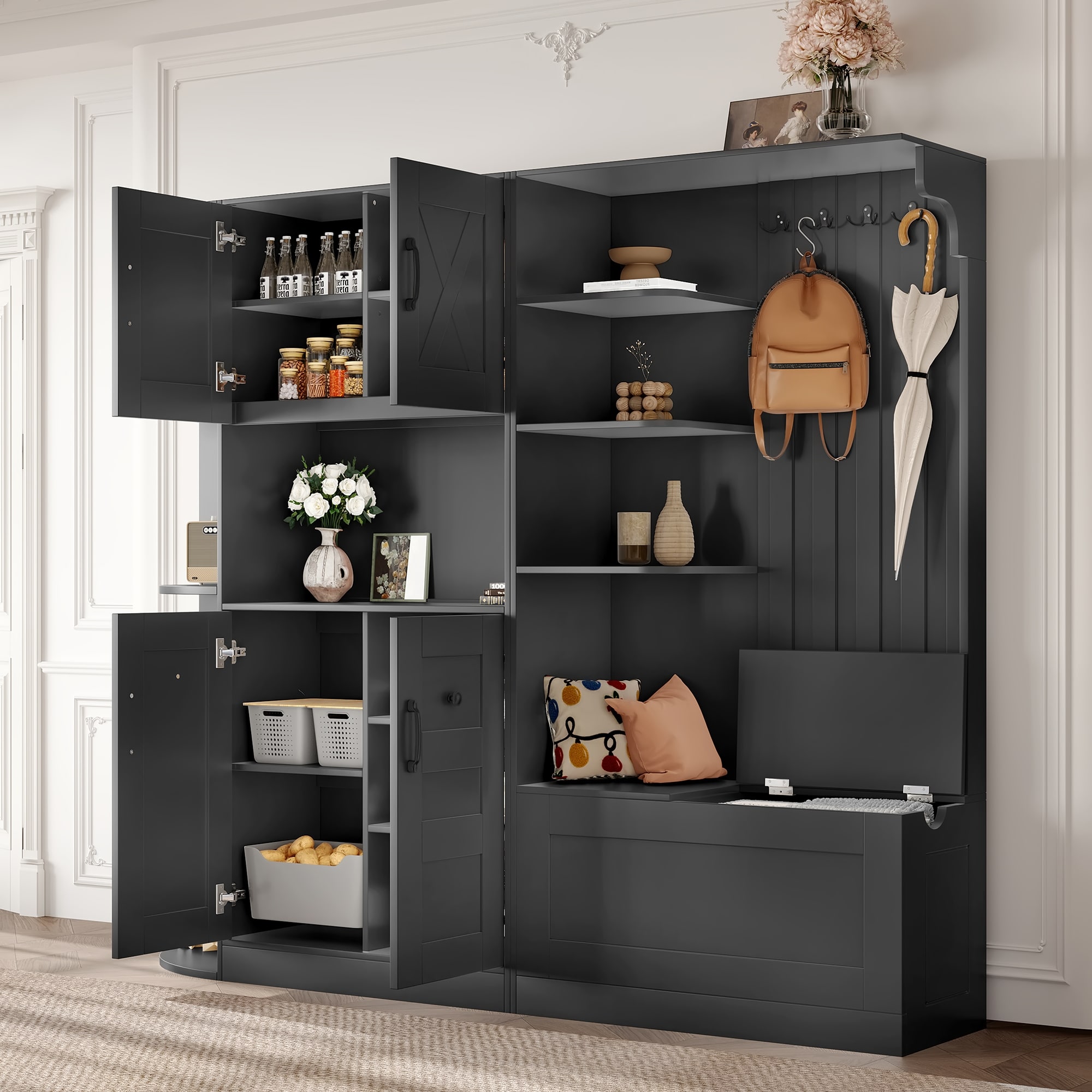 Roomfitters 75" 2-in-1 Entryway Hall Tree & Storage Cabinet Set, Detachable Mudroom Unit, 8 Shelves & 5 Cabinets