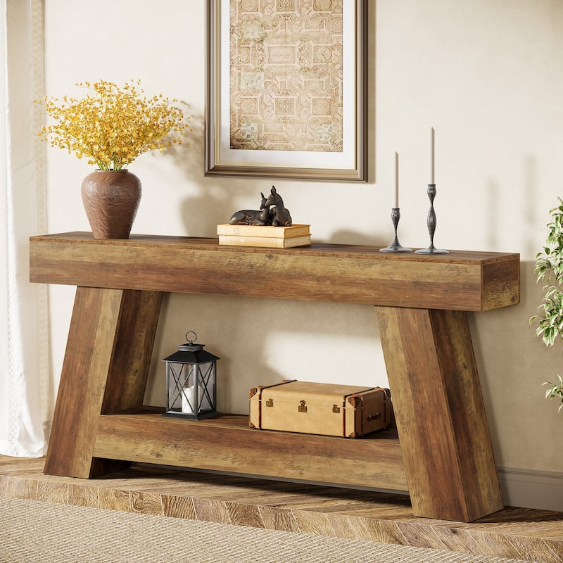 Industrial Rectangular Wooden 2-Tier Console Table for Extra Storage