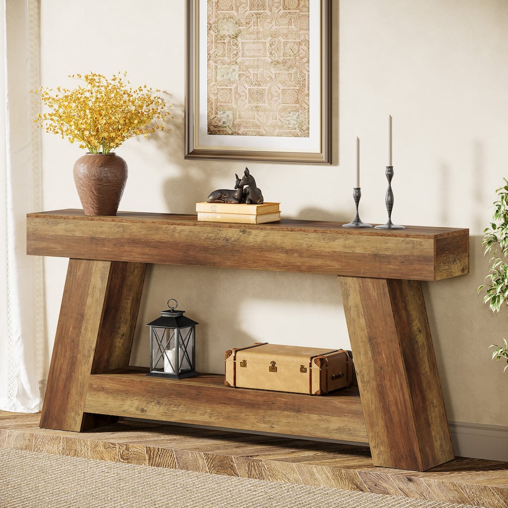 Industrial Wooden 2-Tier Sofa Console Table with Storage for Entryway