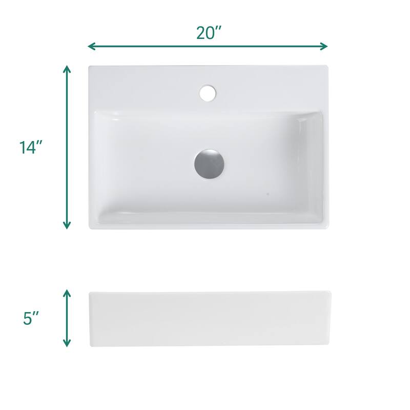 GDFStudio - Modern Sleek Integrated Rectangular Ceramic Basin with Glossy Finish, Faucet Hole & Overflow, Drain Not Included