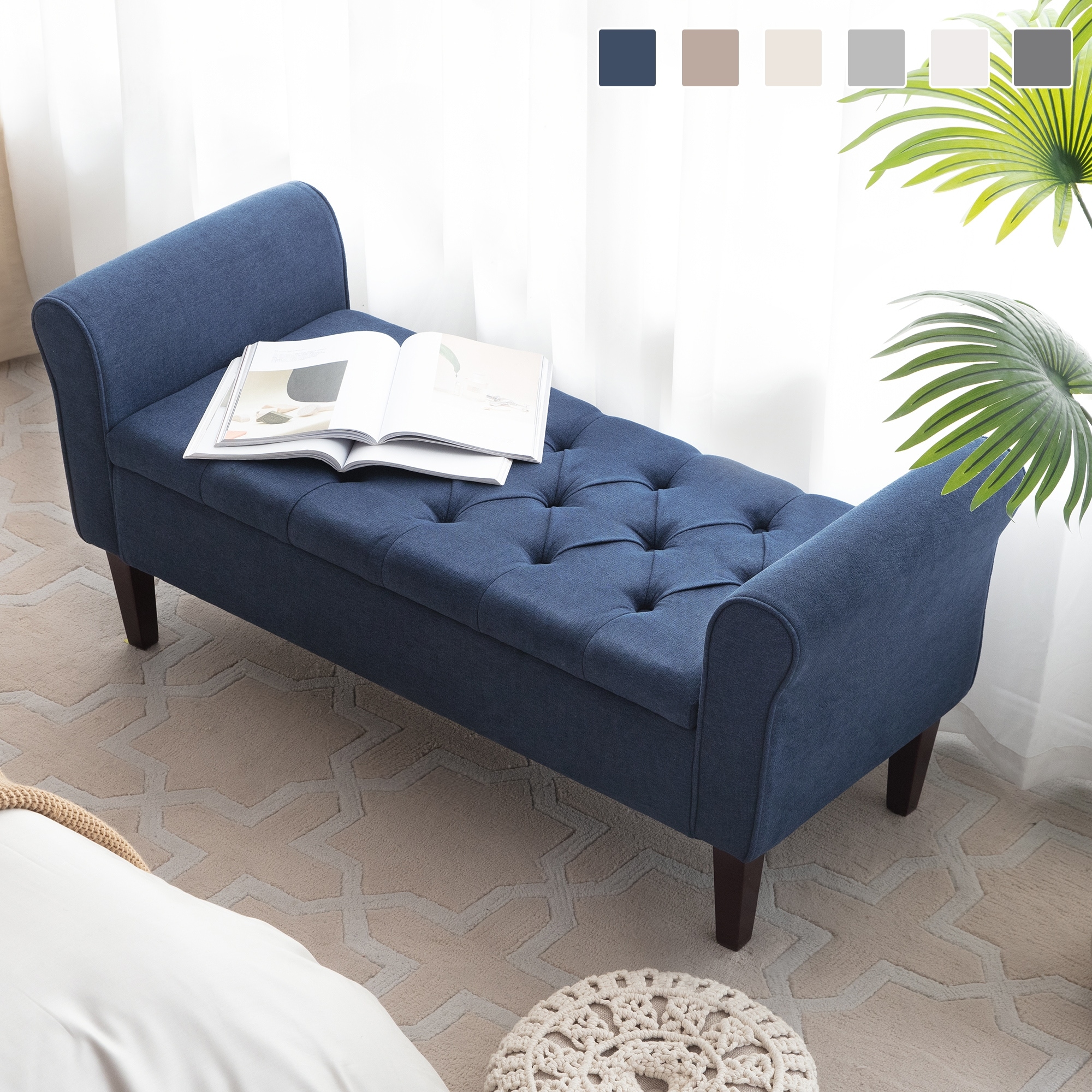 Arm Fabric Storage Ottoman Bench with Solid Wood Legs, 48"W x 18"D x 23"H