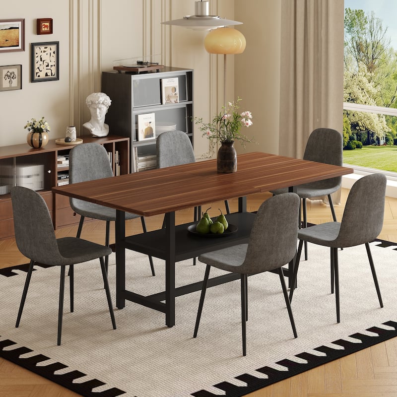 7-Piece Modern Dining Table Set, 71x35.4 Inch Wood Grain Table with 6 Linen-Cotton High