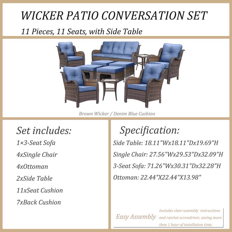 11 Piece Outdoor Wicker Patio Conversation Seating Furniture Sofa Sets