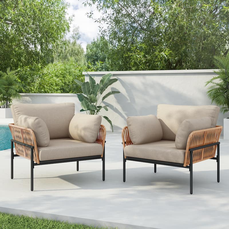 [Set of 2] 36" Beige Iron Lounge Chair with Rope Weave Design and Plush Cushions, Perfect for Indoor and Outdoor Relaxation