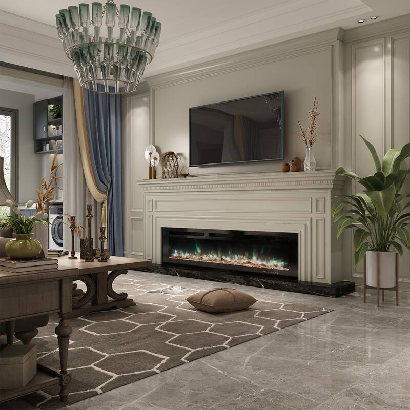 LED Recessed Electric Fireplace with 3 Top Light Colors, Remote Control, Adjustable Heating, and Touch Screen 1500W, Black - 72inch