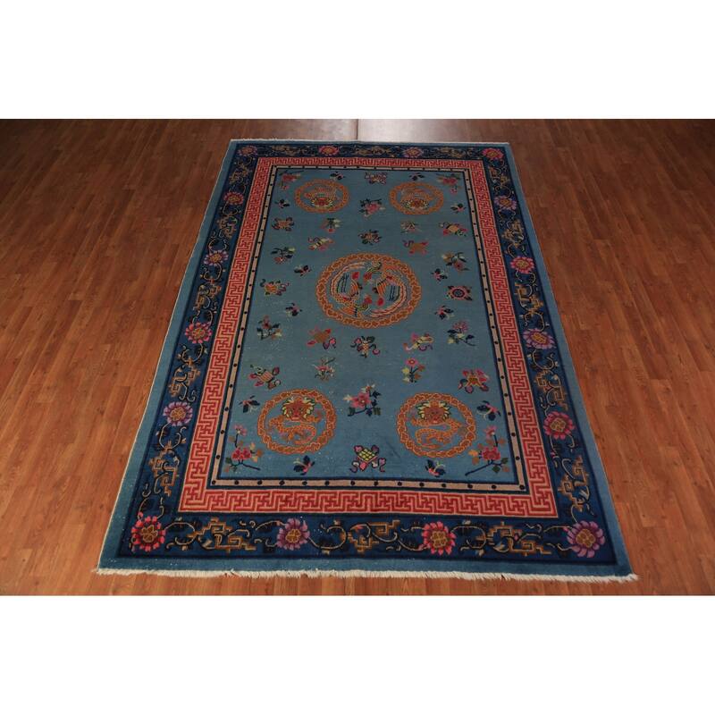 Vegetable Dye Blue Art Deco Chinese Vintage Handmade Wool Carpet - 6'5" x 9'7"