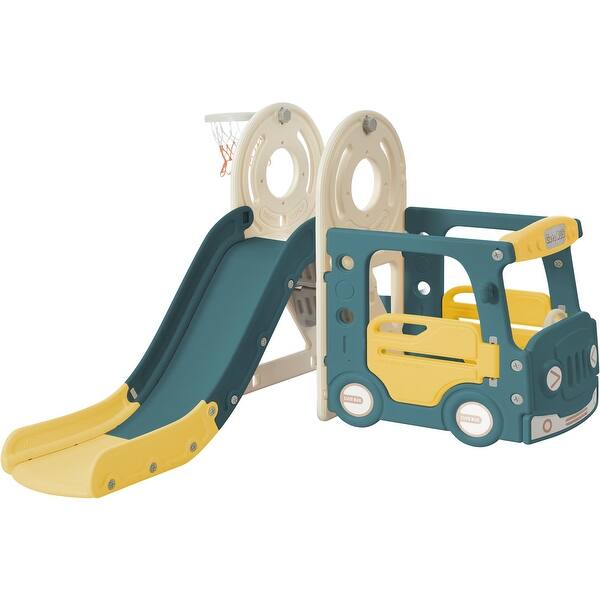 slide 2 of 9, Kids Slide with Bus Play Structure, Freestanding Bus Toy with Slide for Toddlers, Bus Slide Set with Basketball Hoop Yellow
