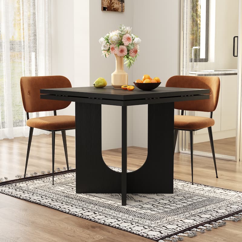 Folding Wood Grain Dining Table with Expandable Round Top Modern Sculptural Base