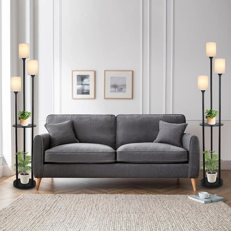 Floor Lamp with Shelves, 3-Lights Standing Lamp with Linen Shade and Foot Switch - 10.2"(L)x10.2"(W)x66.1"(H)